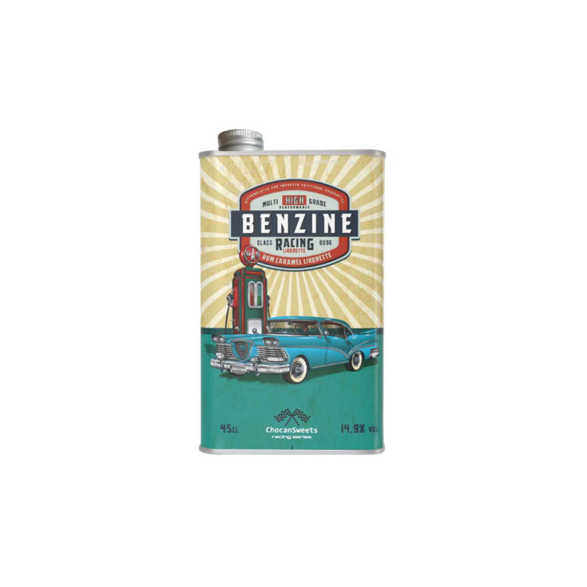 Blik 45 CL benzine / blauwe oldtimer - rum caramel likorette